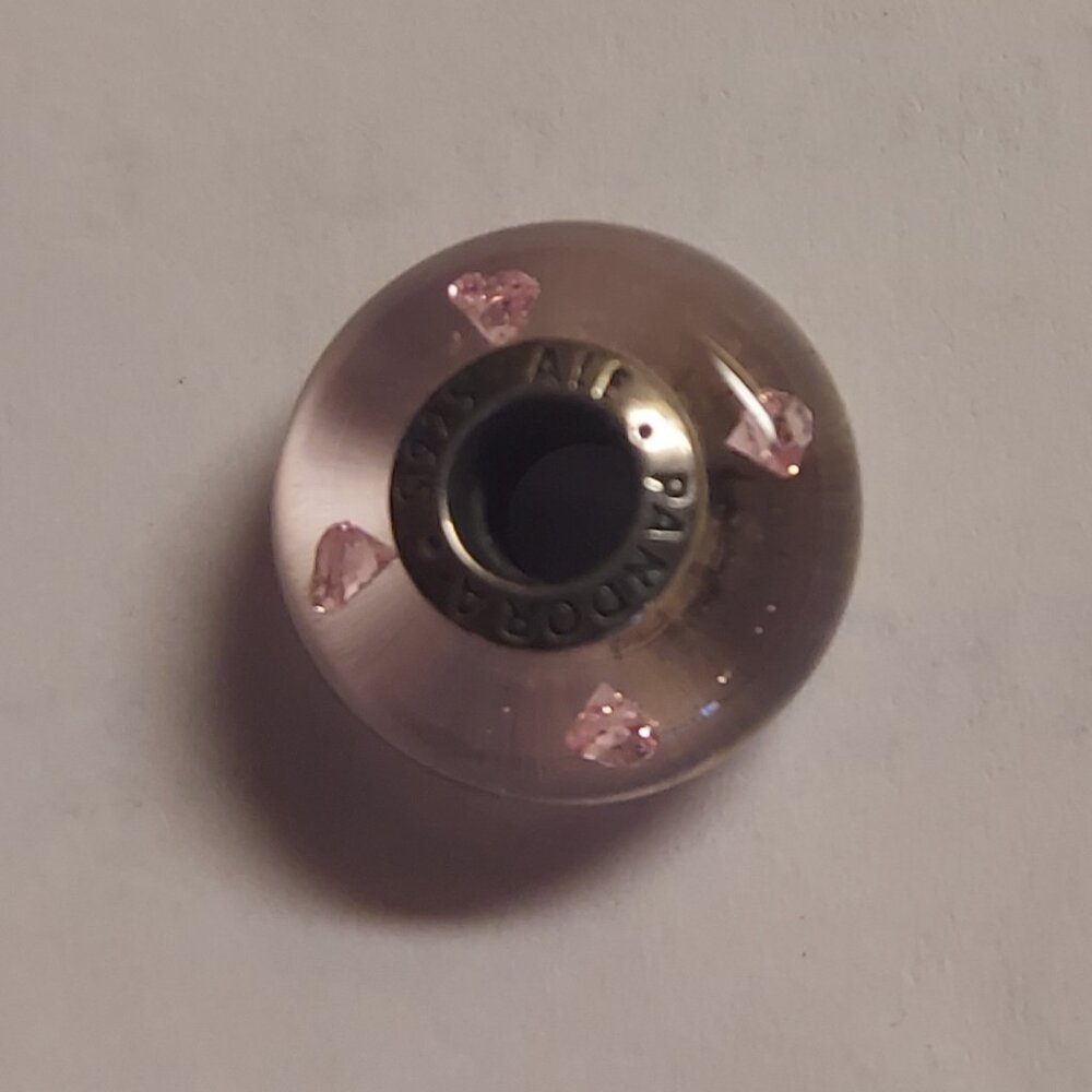 EUC Pandora 791632 PCZ Silver Pink Hearts Effervescence Murano Glass Charm